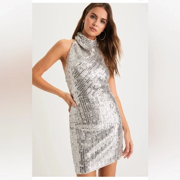 NWT Sequin Halter Backless Mini-Dress - Picture 1 of 6